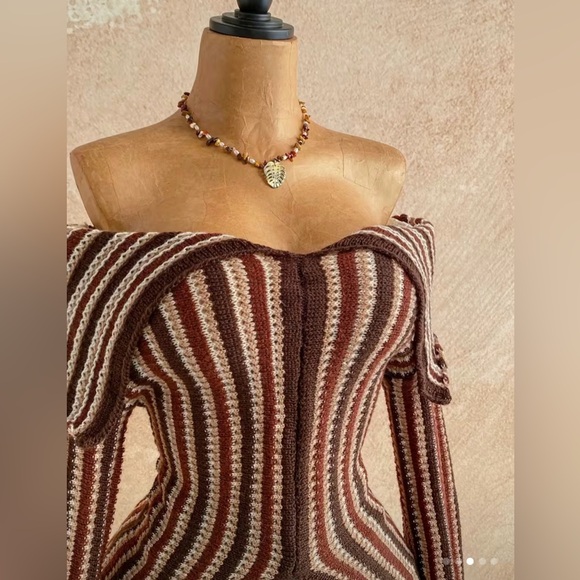 Striped Brown Off-Shoulder Sweater New Boutique - Picture 3 of 6